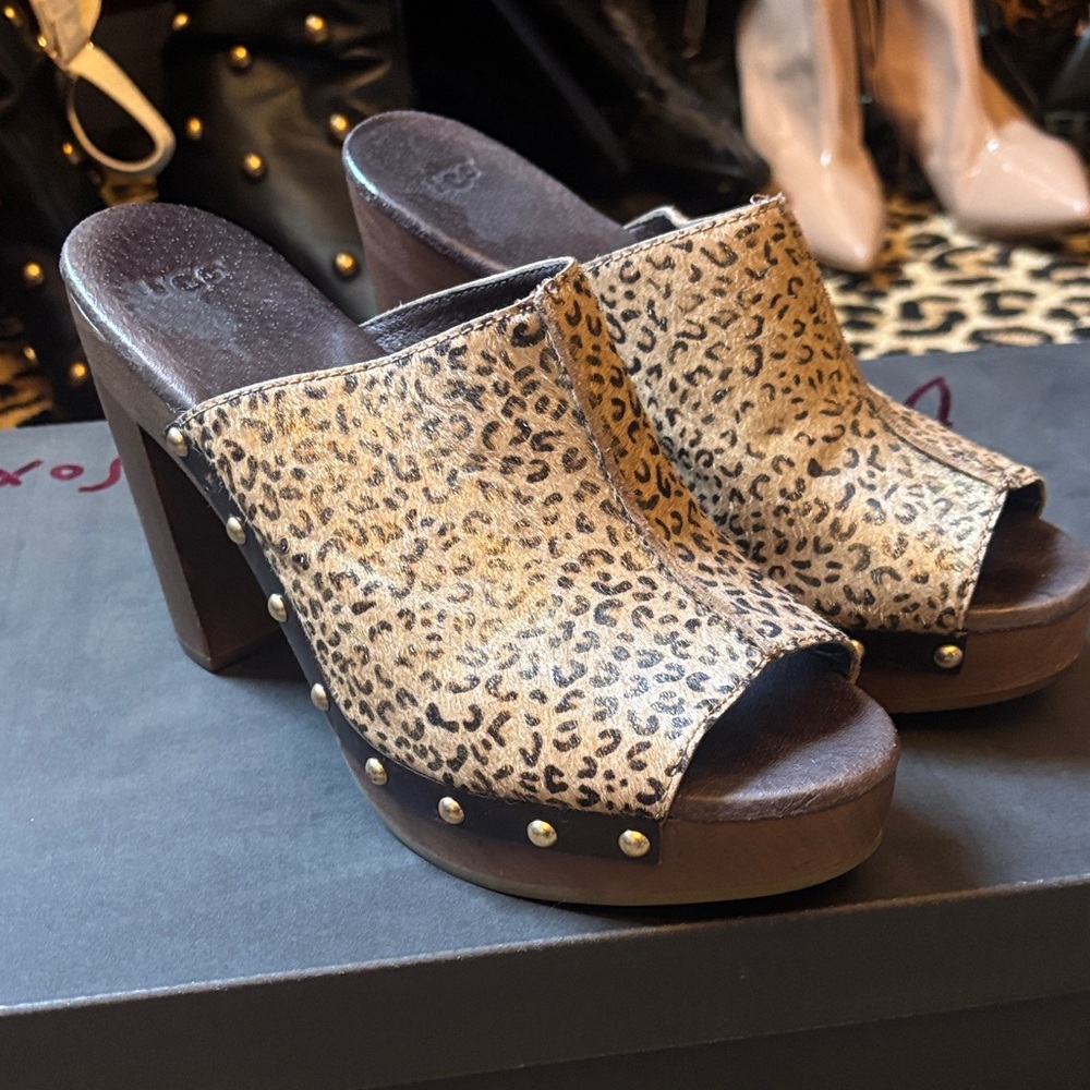 UGG Leopard Print Platform Mules Calf Hair